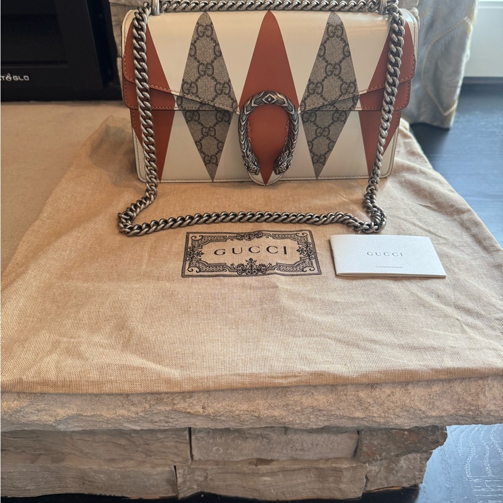 Gucci GG Dionysus Rhombus Print Shoulder Bag in Cream & Tan with Gray Accent